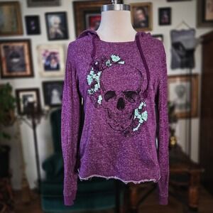 Volcom Hoodie Womens XL Purple Skull Graphic Floral Distressed Hem Pullover Hood